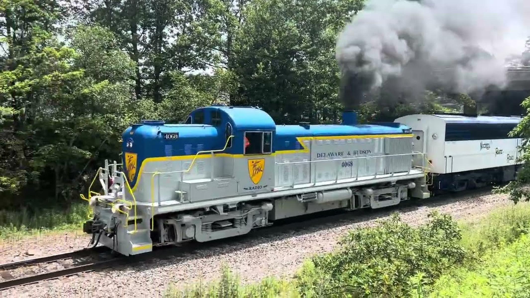 Blue and gray vintage diesel locomotive billowing smoke and running on rails surrounded by woods.
