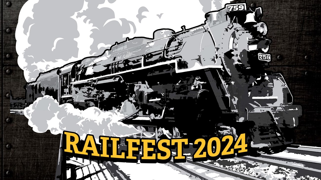 Illustration of Locomotive with smoke and text "Railfest 2024"