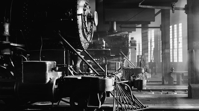 Locomotives awaiting servicing in roundhouse