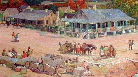 Illustration of activity in the town of Sainte Genevieve. People are gathering in a dirt road.