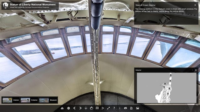 Virtual Tour Interface including view from inside Statue of Liberty crown