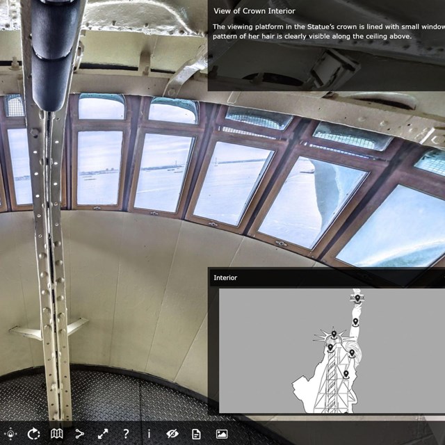 Statue of Liberty Virtual Tour Interface; Main image is view from inside the crown