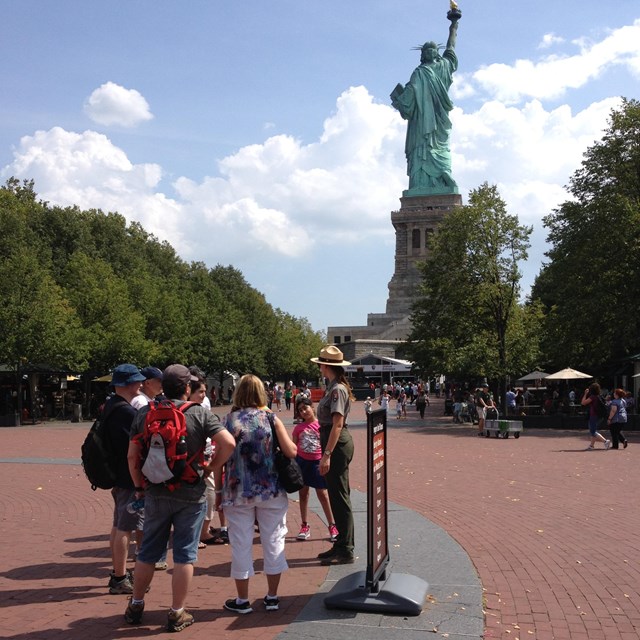 A view of a ranger-led tour at the  Statue of Liberty.