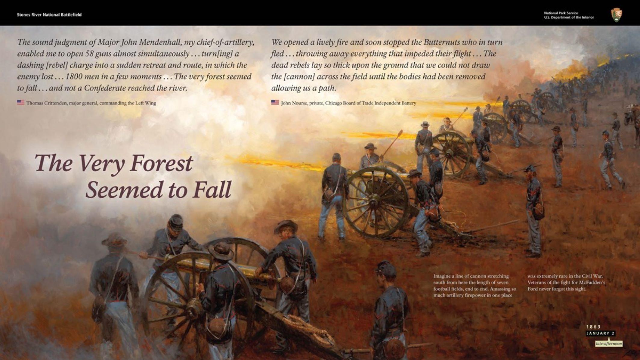 Exhibit with painting showing a long line of dozens of Union cannons firing.