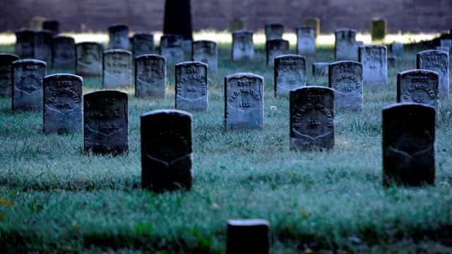 Several rows of headstones at Stones River National Cemetery