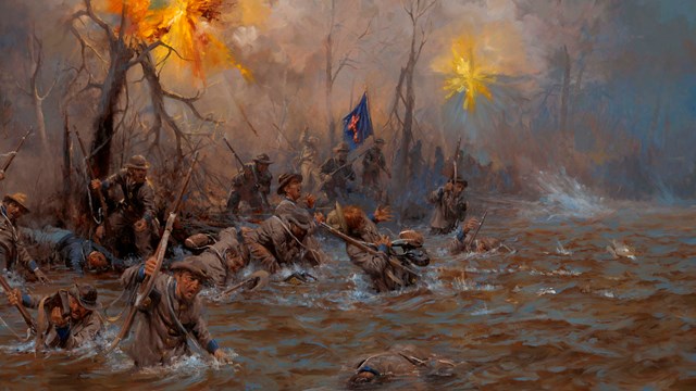 Confederate soldiers crossing a river under fire.