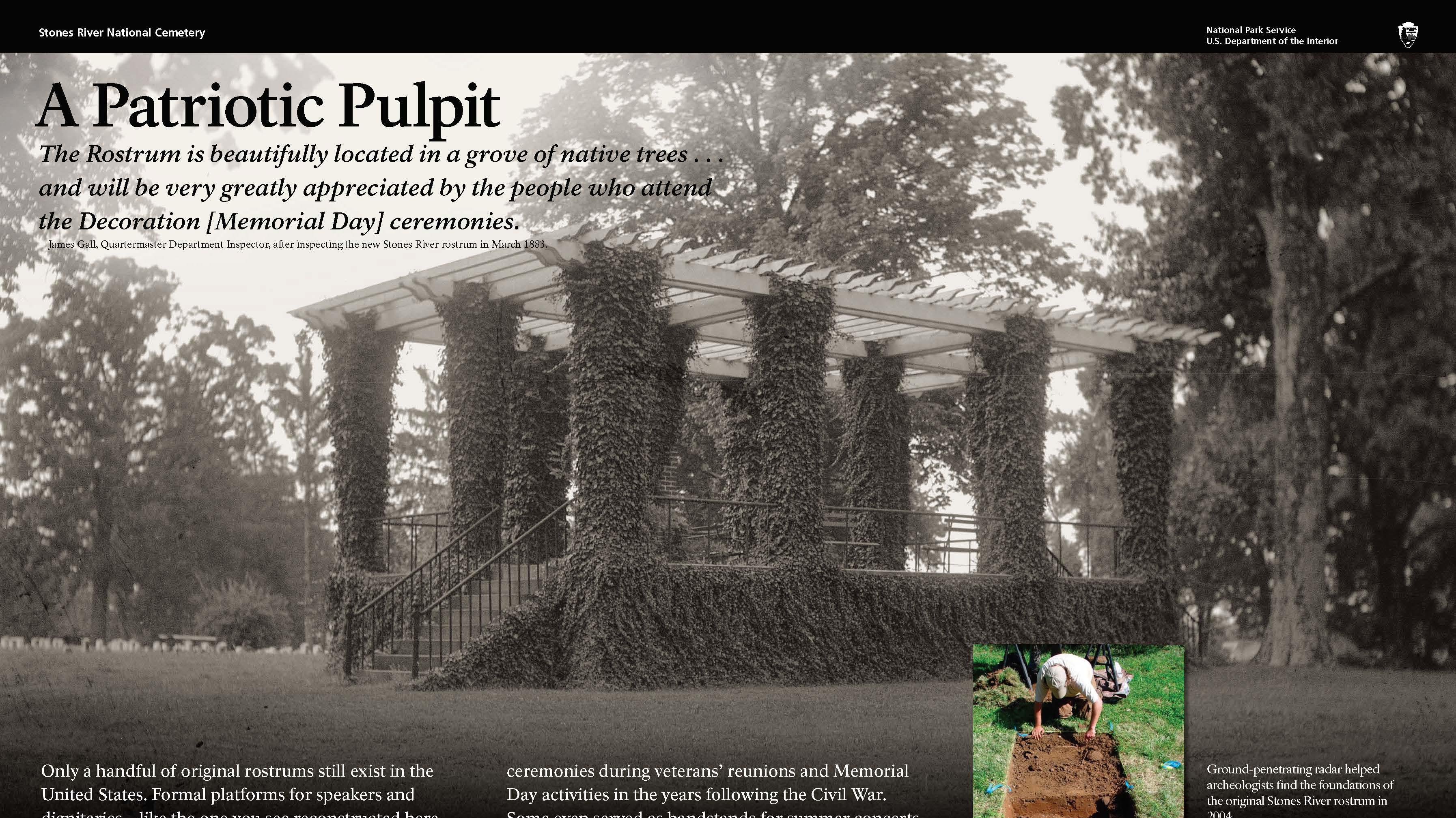 An exhibit showing a black and white photo shows an ivy covered structure and a colored insert