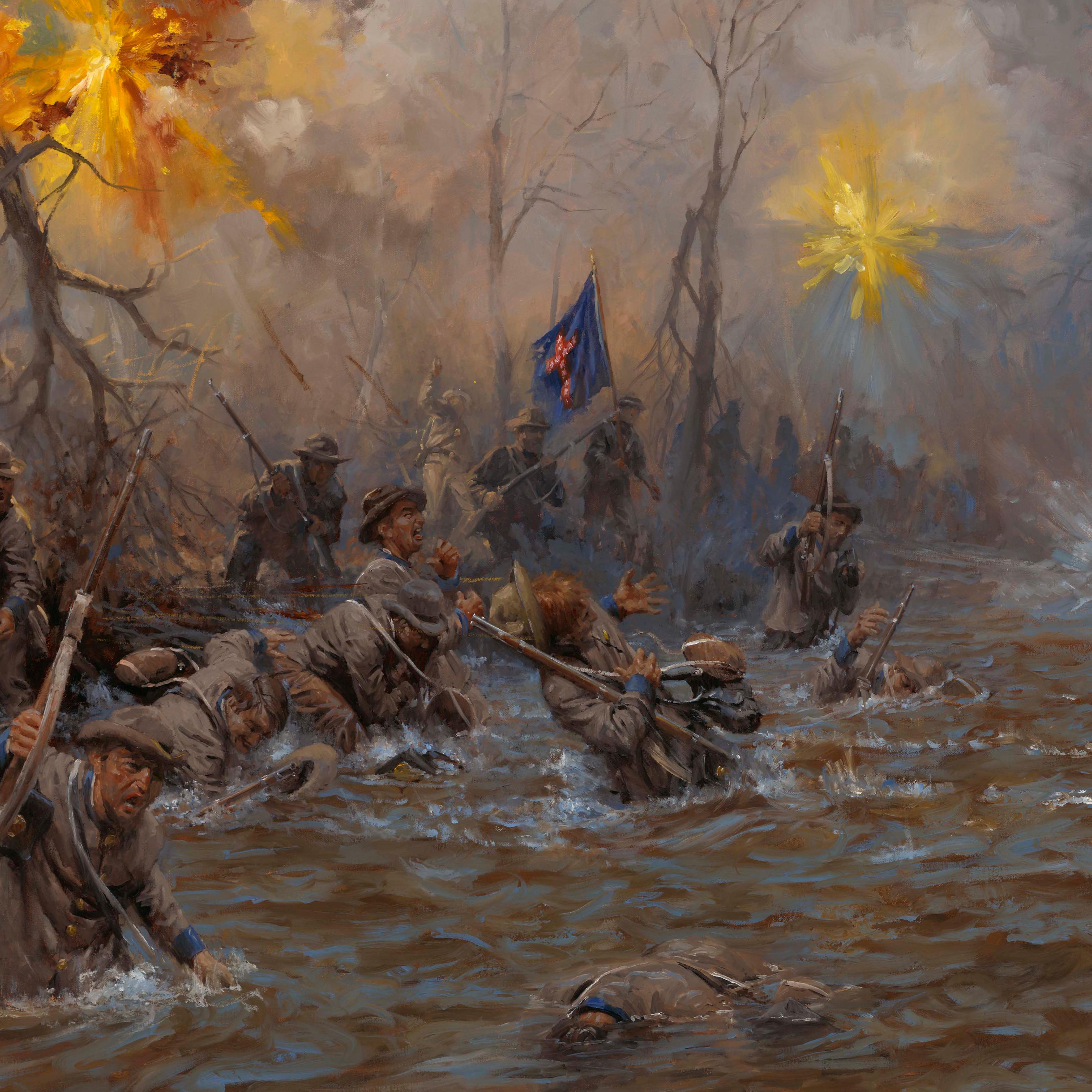 Confederate soldiers crossing a river under fire.