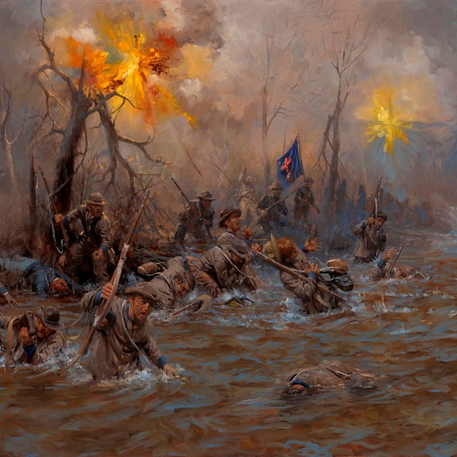 Confederate soldiers crossing a river under fire.