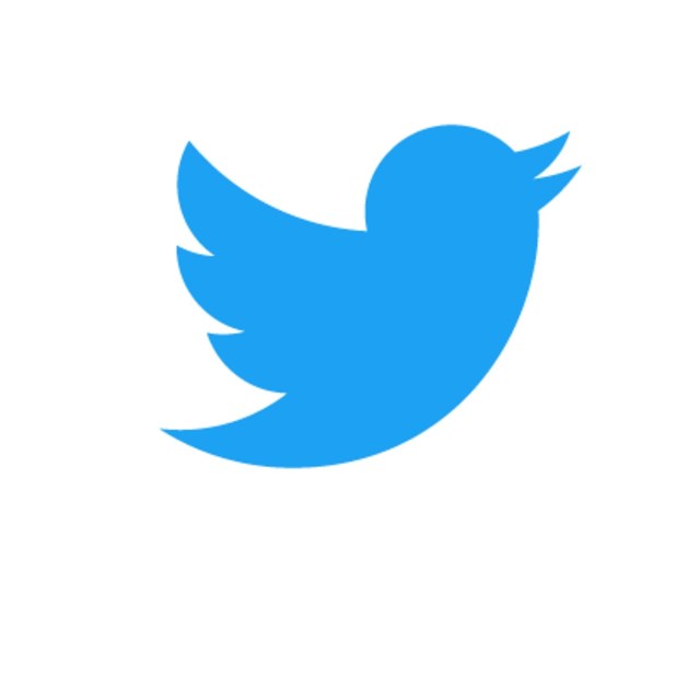 Twitter logo- a cartoon/drawn blue bird with wing extended and beak open.
