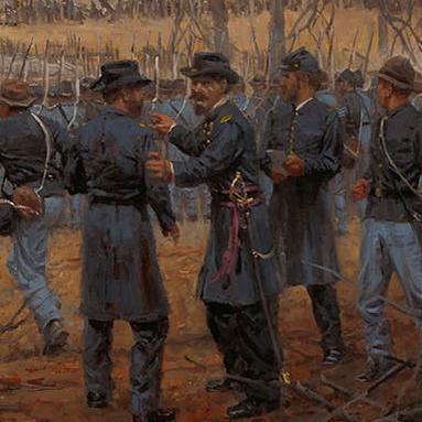 View of a Confederate attack from behind a line of Union soldiers.
