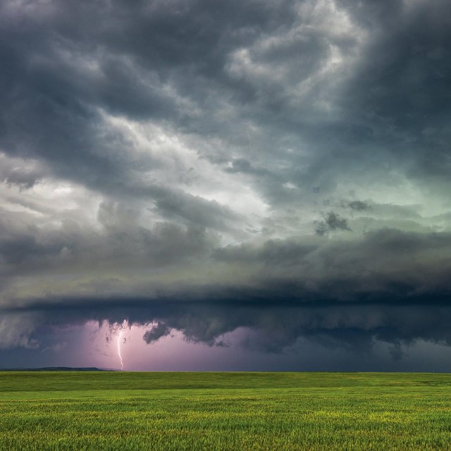 A severe thunder storm with a lightning bolt striking a grassy plain