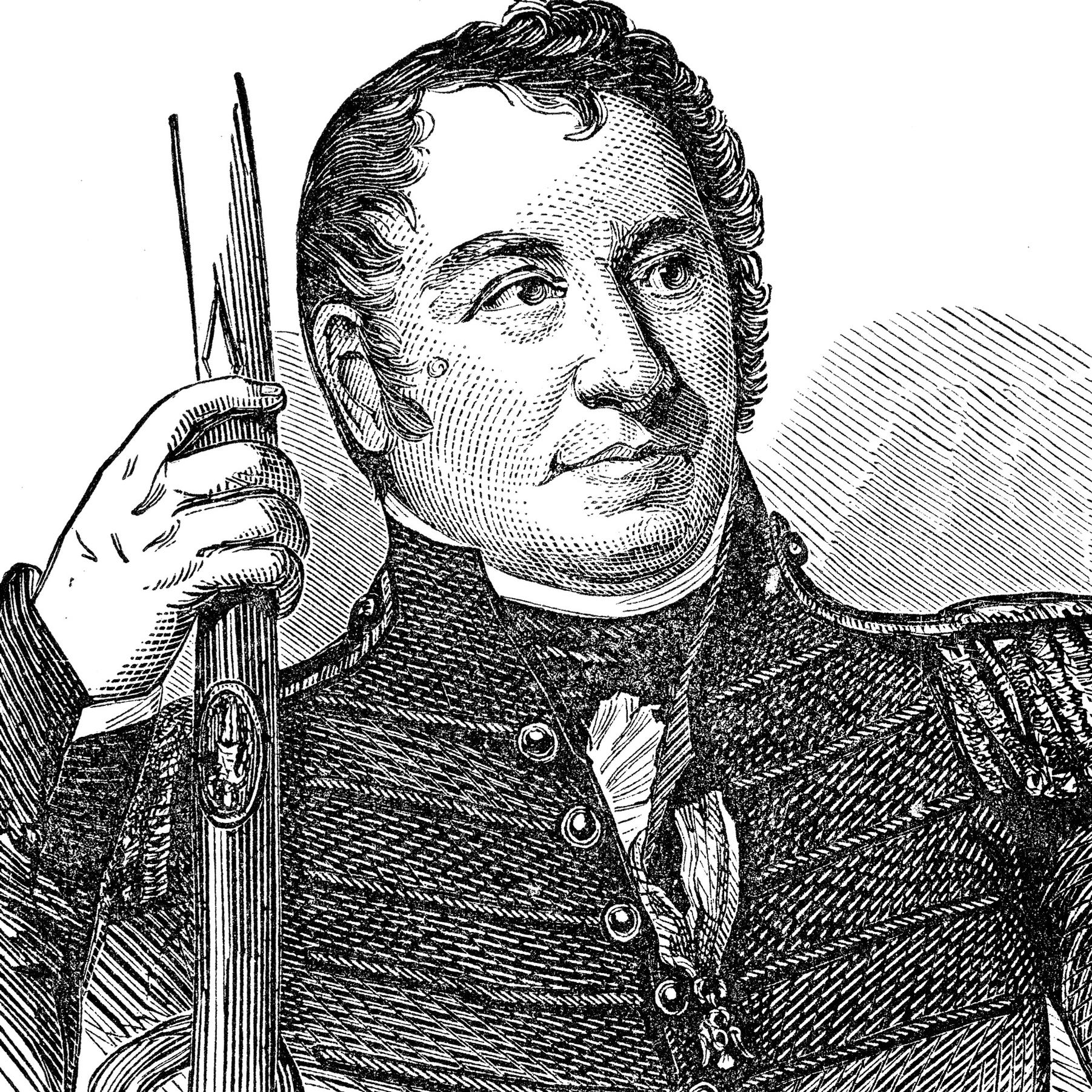A black and white line illustration of a man in a military uniform, holding a sword.