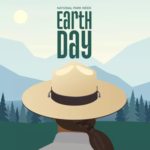 Illustration of the back of the head of a ranger with long hair, looking at mountain view