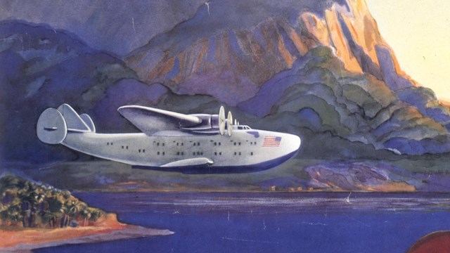 Graphic of houses with mountains in background and water in foreground. 