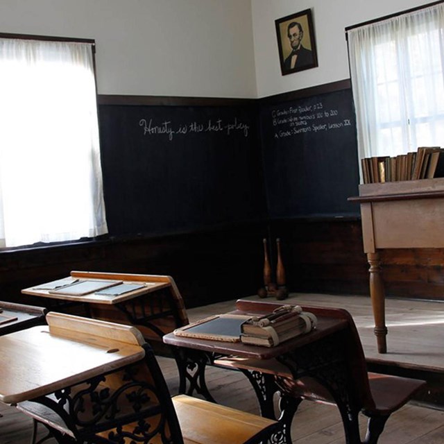 Interior of a schoolhouse at Herbert Hoover. NPS photo by J. Tobiason
