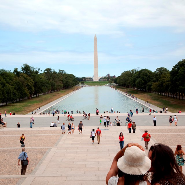 View of the Washington Monument across the Lincoln Memorial Reflecting Pool.