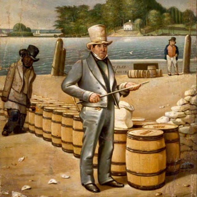 A painting of a man with a ferry in the background.