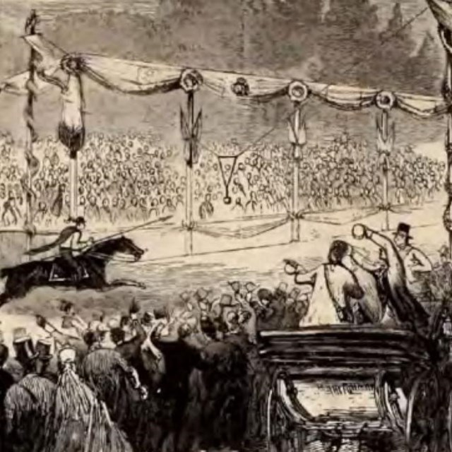 A newspaper drawing of a jousting tournament