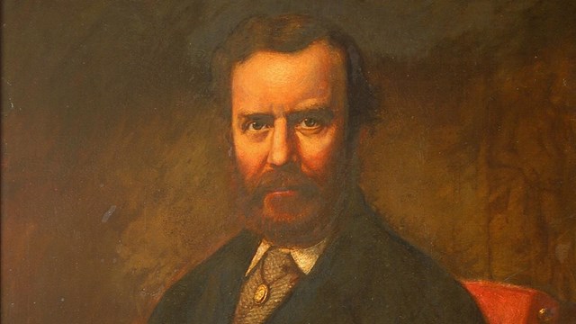 Colored painted sitting portrait of Theodore Roosevelt Sr. looking sternly at viewer.