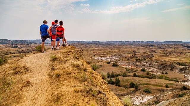 Hikers stand at the end of a trail overlooking barren grasslands.