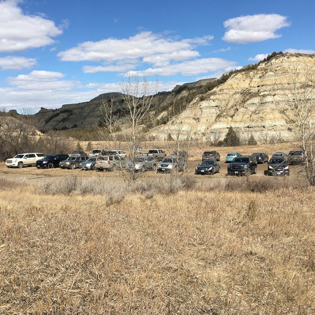 Twenty vehicles parked in a gravel lot at a trail head surrounded by trees and layered buttes.