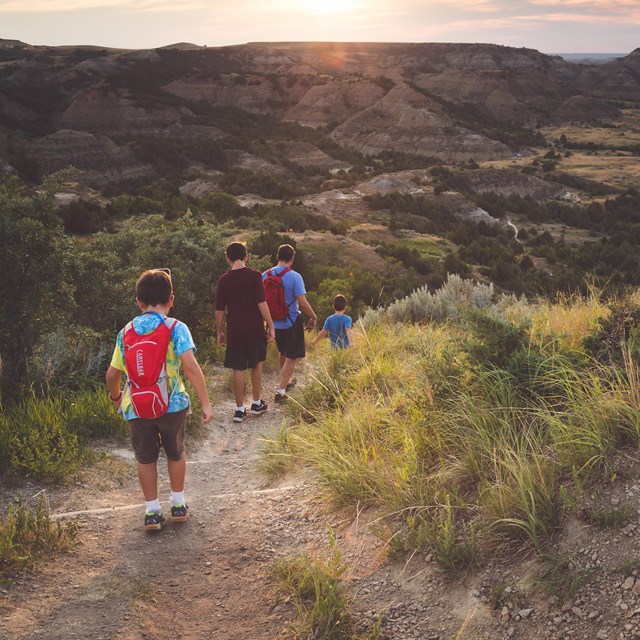 A family descends a dirt trail down into a rugged, green canyon.