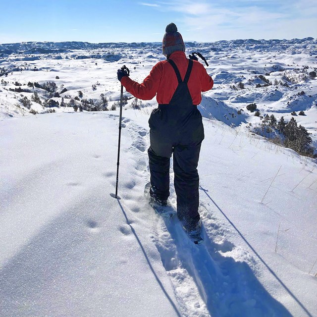 a person on snowshoes leaves tracks in the snow while descending a snowy hill into the badlands