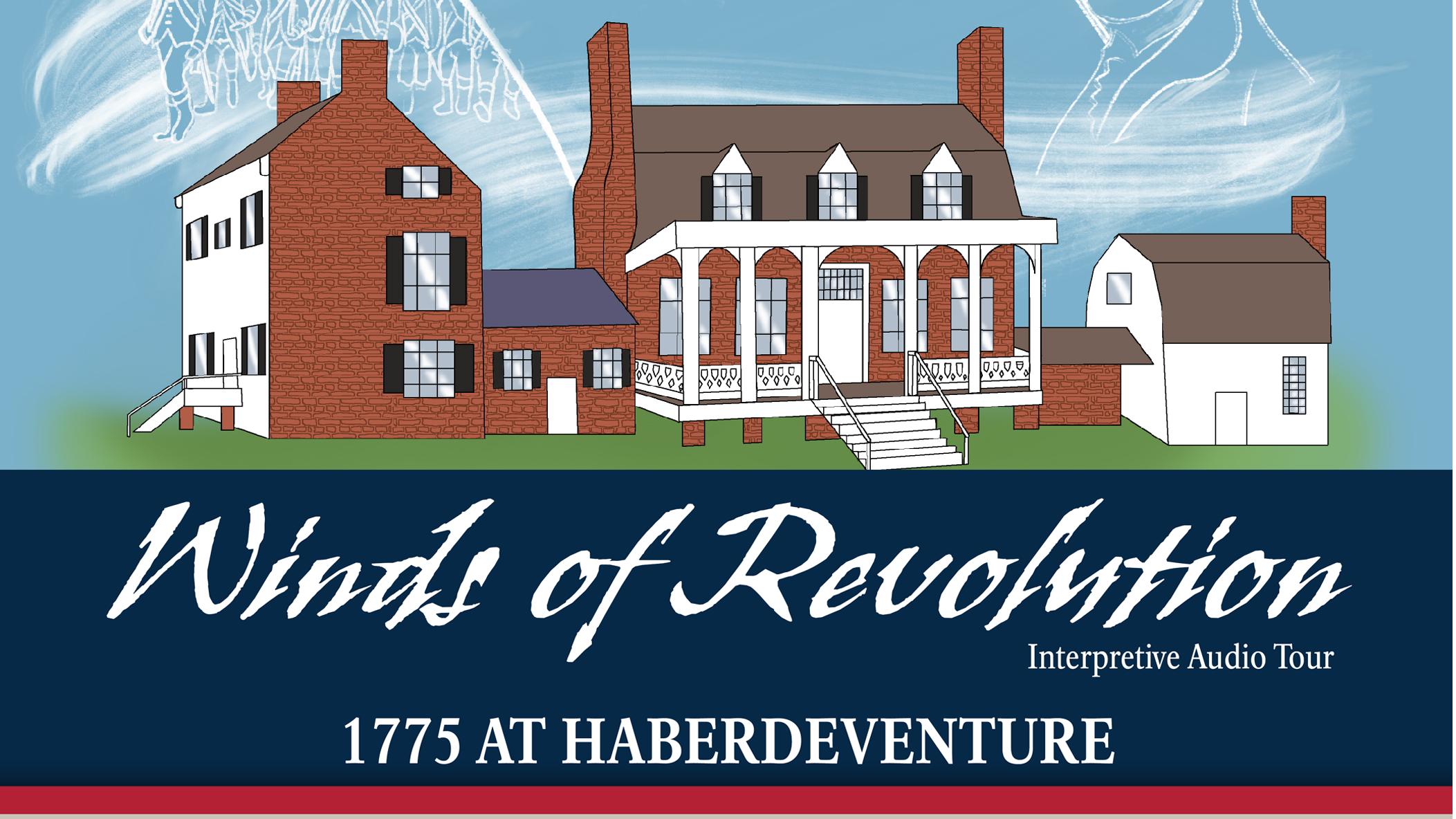 a graphic of the Thomas Stone house with solders, a document, a feather, and a ship on the wind