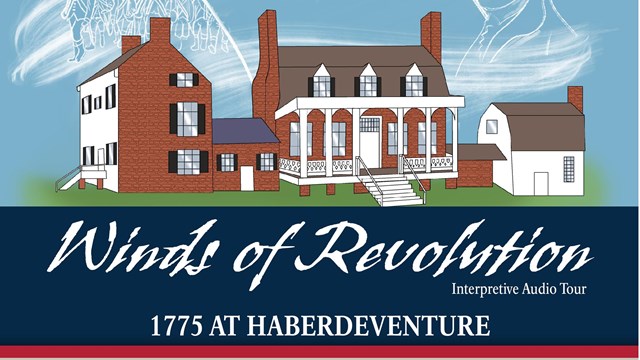 a graphic of the Thomas Stone house with solders, a document, a feather, and a ship on the wind