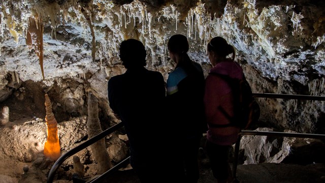 People looking over a railing at cave formations