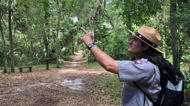 ranger pointing to trees