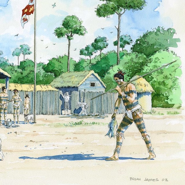 illustration of indigenous people near wooden building 