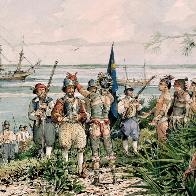 illustration of eurpoeams with french flag meeting Timucua