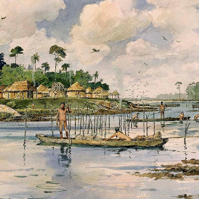 artist depiction of Timucua life along the river 