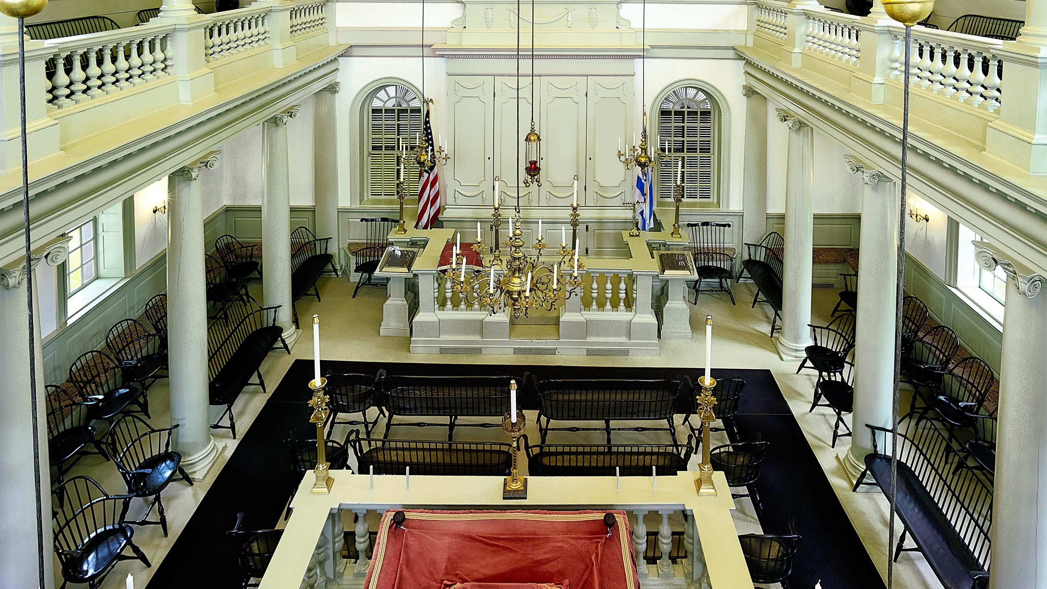 A two-story rectangular worship space.