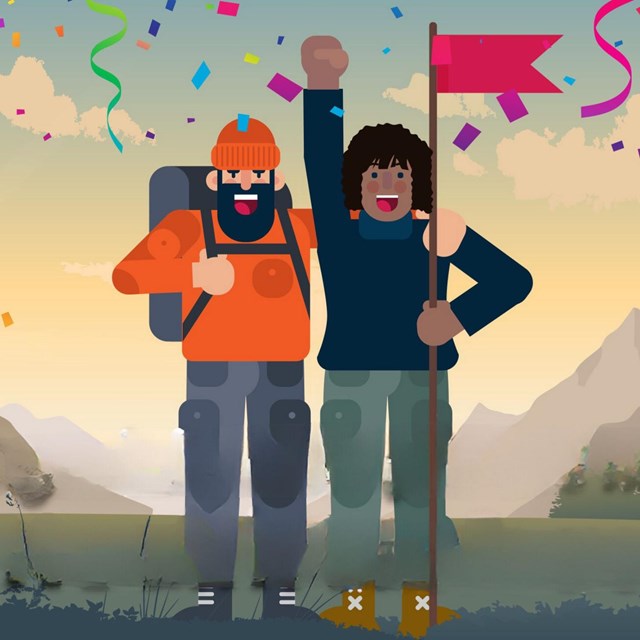 a graphic of two people with confetti and a flag