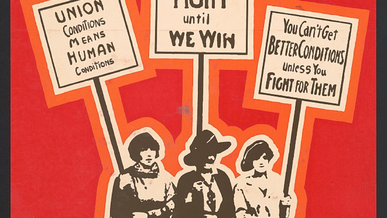 Poster of women protesting holding signs. 