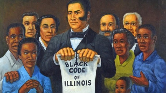 Painting of man tearing up piece of paper with "Illinois Black Codes" written on it. 