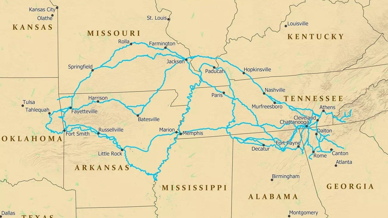 A map of the eastern united states displaying a web of trails into Oklahoma.