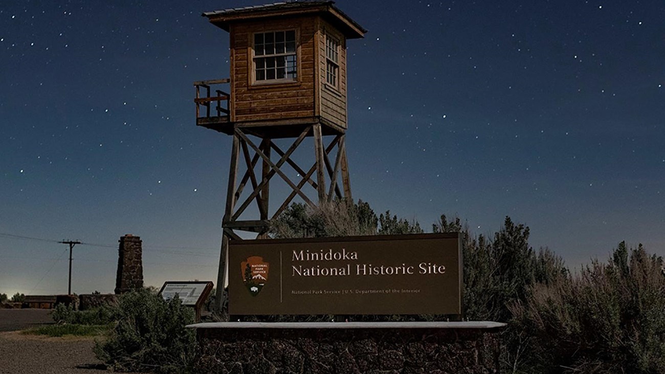Guard tower and national monument sign