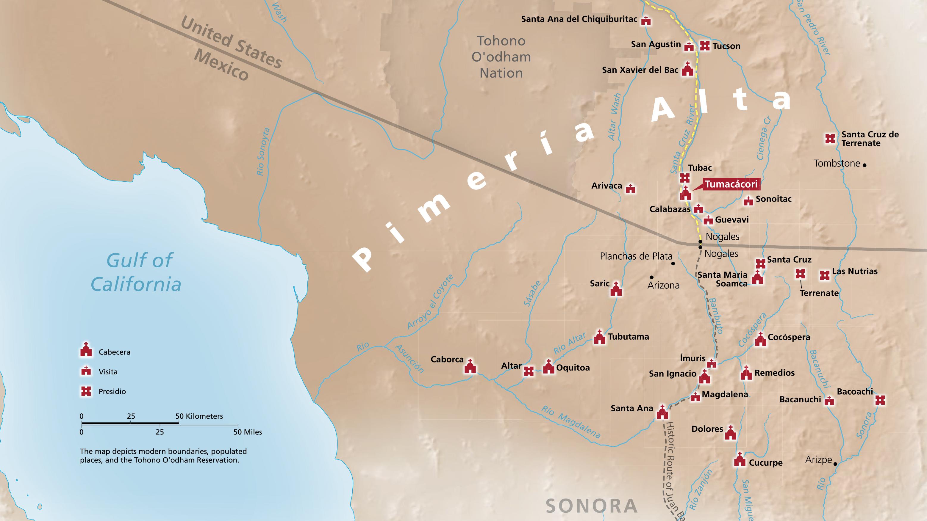 map of pimer&iacute;a alta with missions and presidios marked