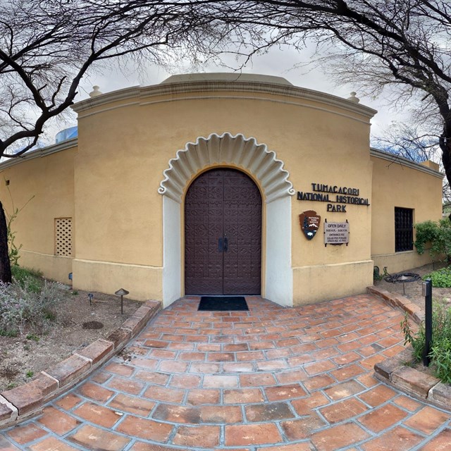 spherical panoramic image of visitor center door
