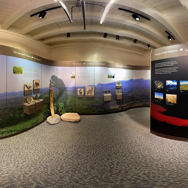 spherical panoramic photo of museum gallery with exhibit panels