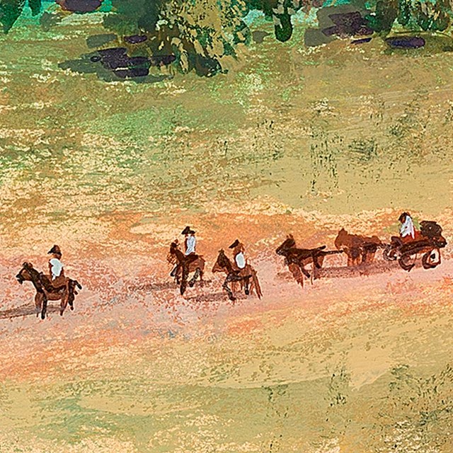 illustration of horses and riders entering mission grounds