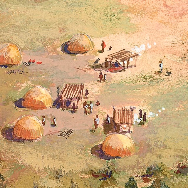 illustration of o'odham village with round thatched houses and ramadas