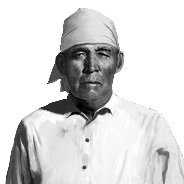 portrait of O'odham man with white head-covering and white shirt