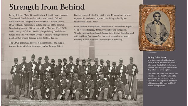 A photograph of a wayside at Tupelo National Battlefield of the USCT.