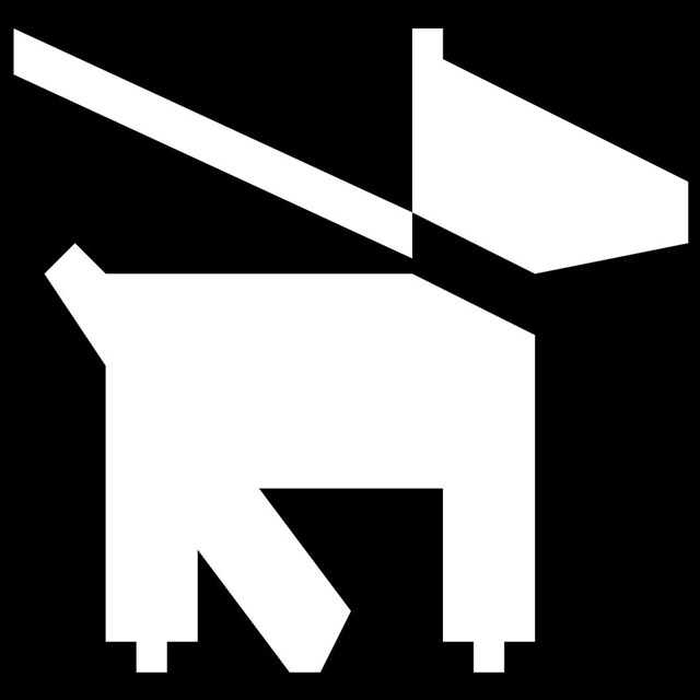 A black and white icon of a dog on a leash.