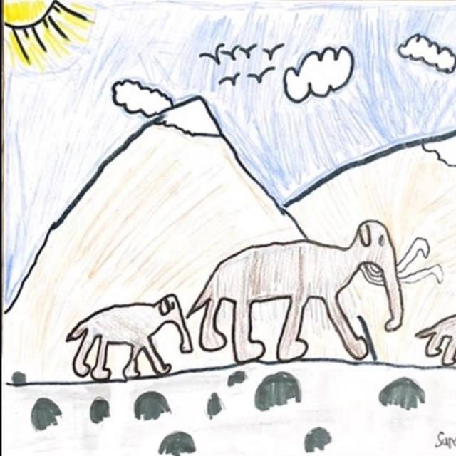 A child's drawing of three mammoths in front of a mountain range.